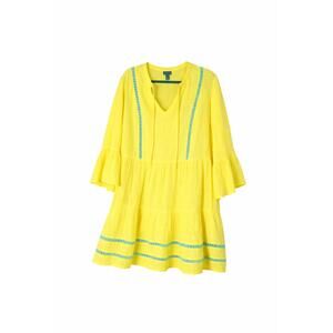Bohemian Vibrant Yellow Baby Doll Tunic Mini Dress L(12-14) Gauzy Beach Cover-Up